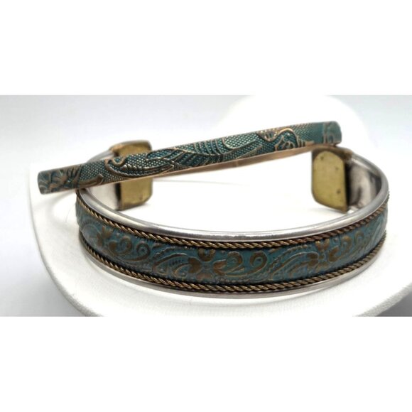 Vintage Boho Style Teal & Gold Etched Cuff And Bangle Bracelet Set With Floral P - Picture 4 of 4